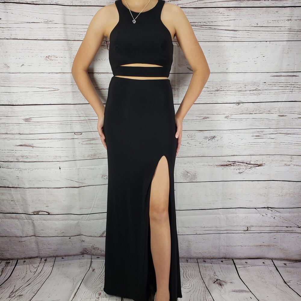 La Femme Black Racer Back Cut out Front & Back Slit Long Dress Size 0